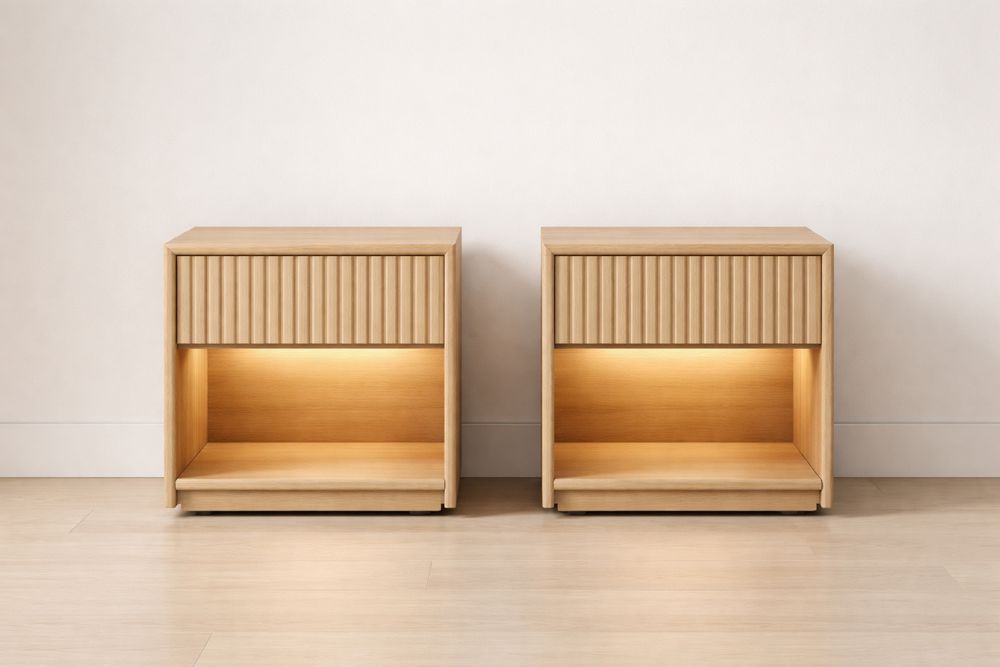 Solid Oak Nightstand Set with Lighting and Drawer-Glamourlofteu