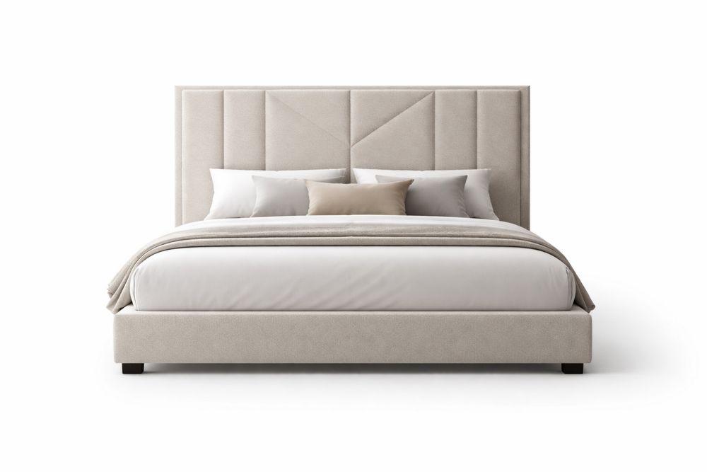 Upholstered Bed Frame with Geometric Headboard Polyester Beige-Glamourlofteu