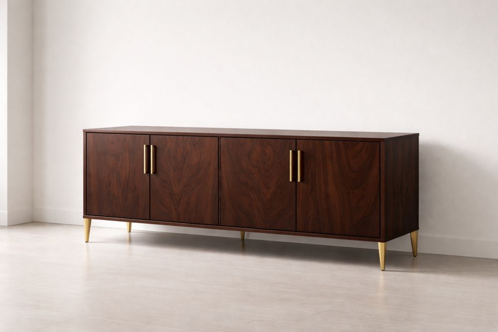 Dark Wood Sideboard with Brass Legs and Four Doors-Glamourlofteu