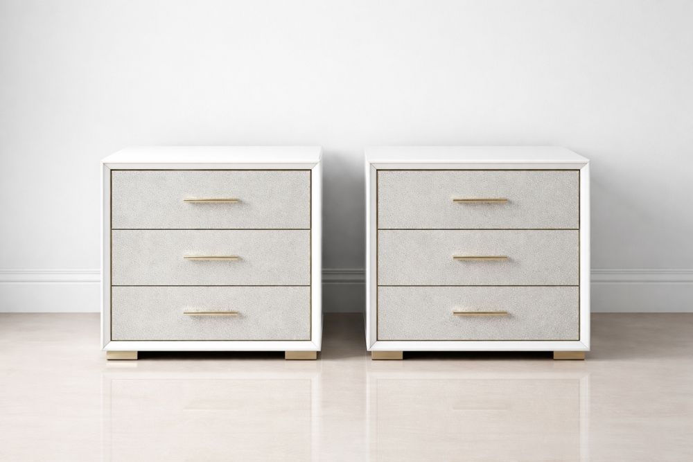 Set of 2 Three-Drawer White Wood Nightstands with Fabric Fronts-Glamourlofteu