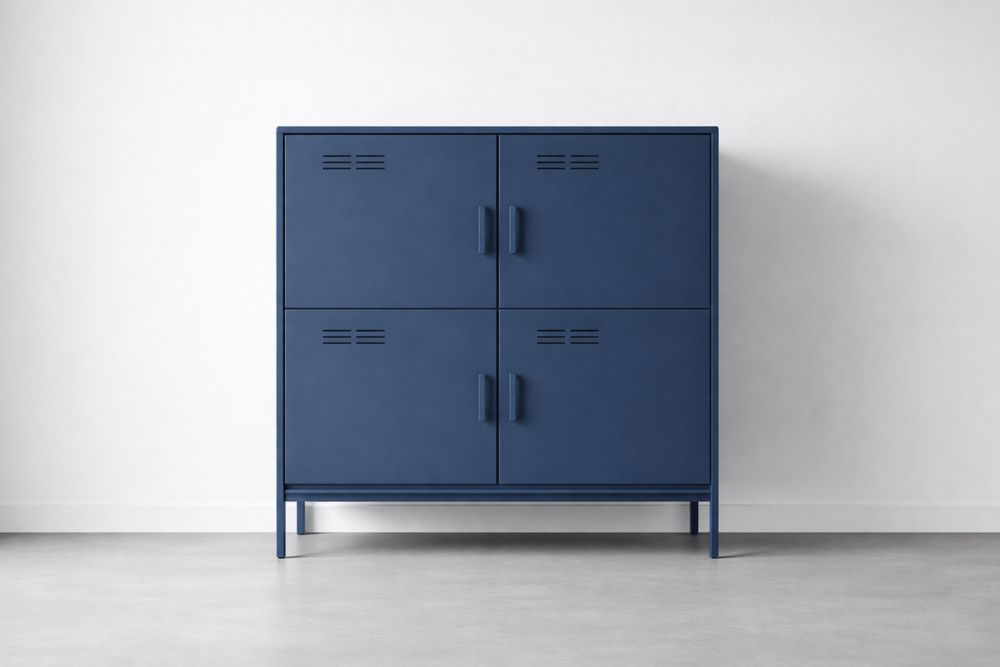 Blue Steel Storage Cabinet with Four Doors-Glamourlofteu