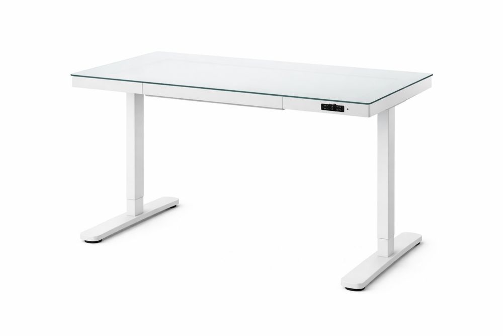 Height Adjustable Glass Top Desk White Steel Frame-Glamourlofteu