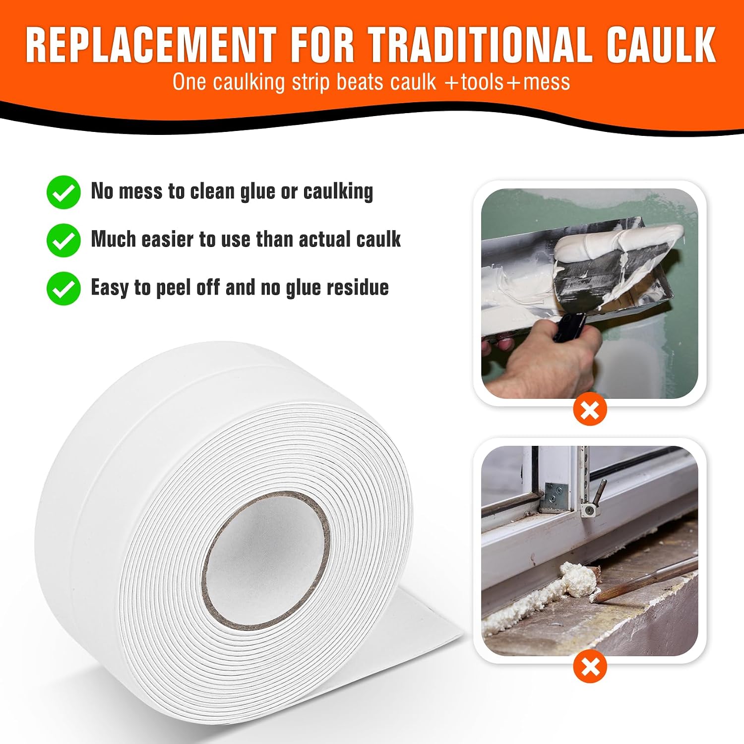 White Caulk Tape Waterproof Self Adhesive, Peel & Stick Caulking Tape for Floor Tile Corner Trim & Shower, Bathroom Accessories, Toilet & Bathtub Sealant Strip, Better Than Silicone Caulk