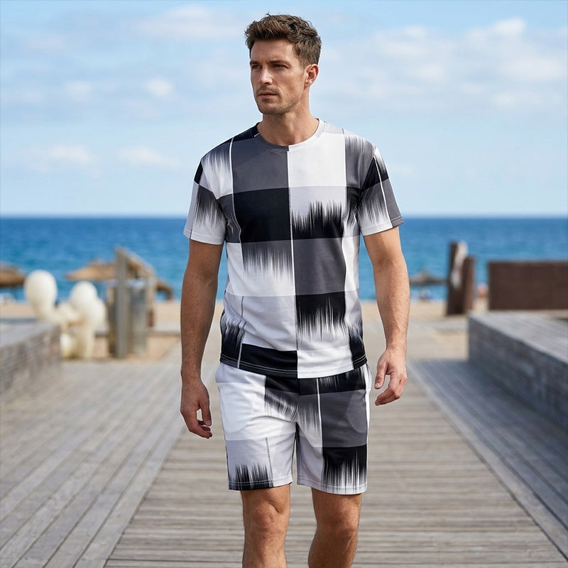 Modern abstract print men's t-shirt shorts set