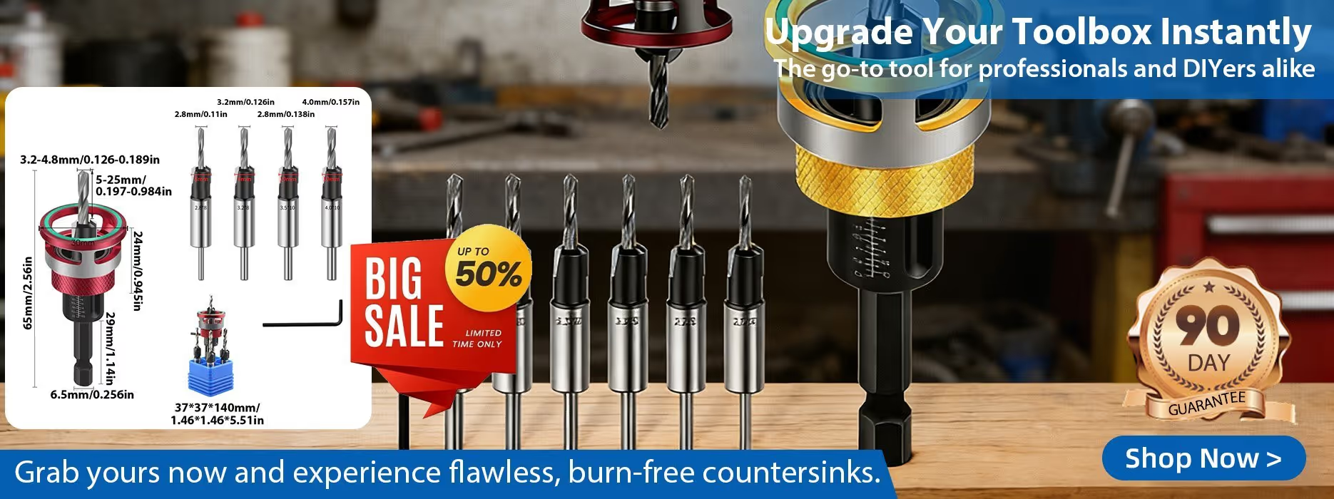 Tool 82 Degree Countersink with Adjustable Low Friction Drill Bit Depth Stop, 55293, 3/8 D x 7/64 Drill D x 1/4 Inch Quick Release Hex Shank