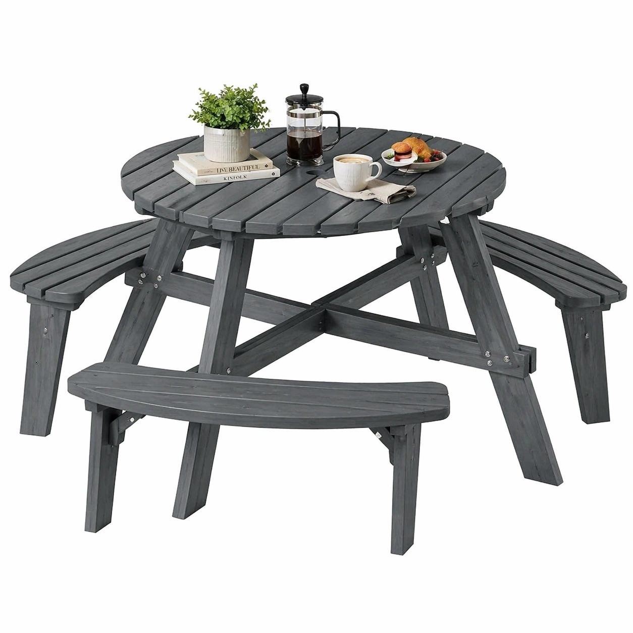 Runder Gartentisch mit integrierten Sitzbanken fuer 6 Personen �C Massivholz Picknicktisch Outdoor �C Anthrazit-arvnora