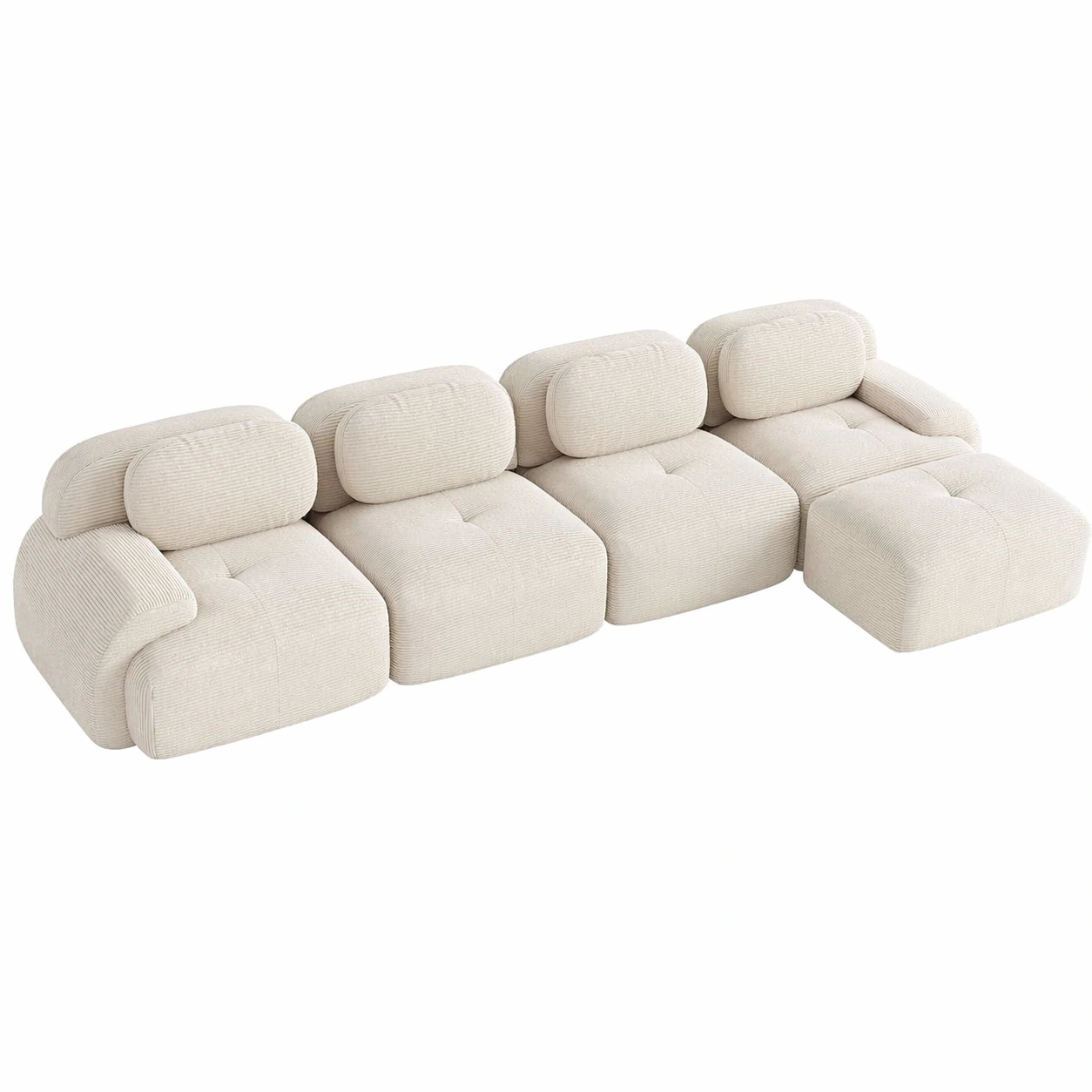 Modulares Ecksofa 4 Sitzer mit Hocker �C Flexible Kombination Wohnlandschaft �C Cordstoff Creme Weiss-arvnora