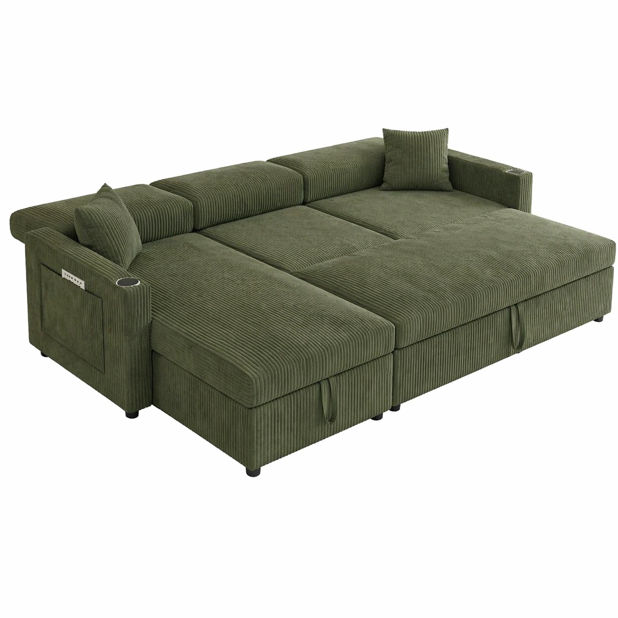 3 Sitzer L Form Schlafsofa mit Bettfunktion USB Anschluss verstellbarer Rueckenlehne Stauraum und Tischfunktion Cord Stoff Gruen Ottomane Links-arvnora
