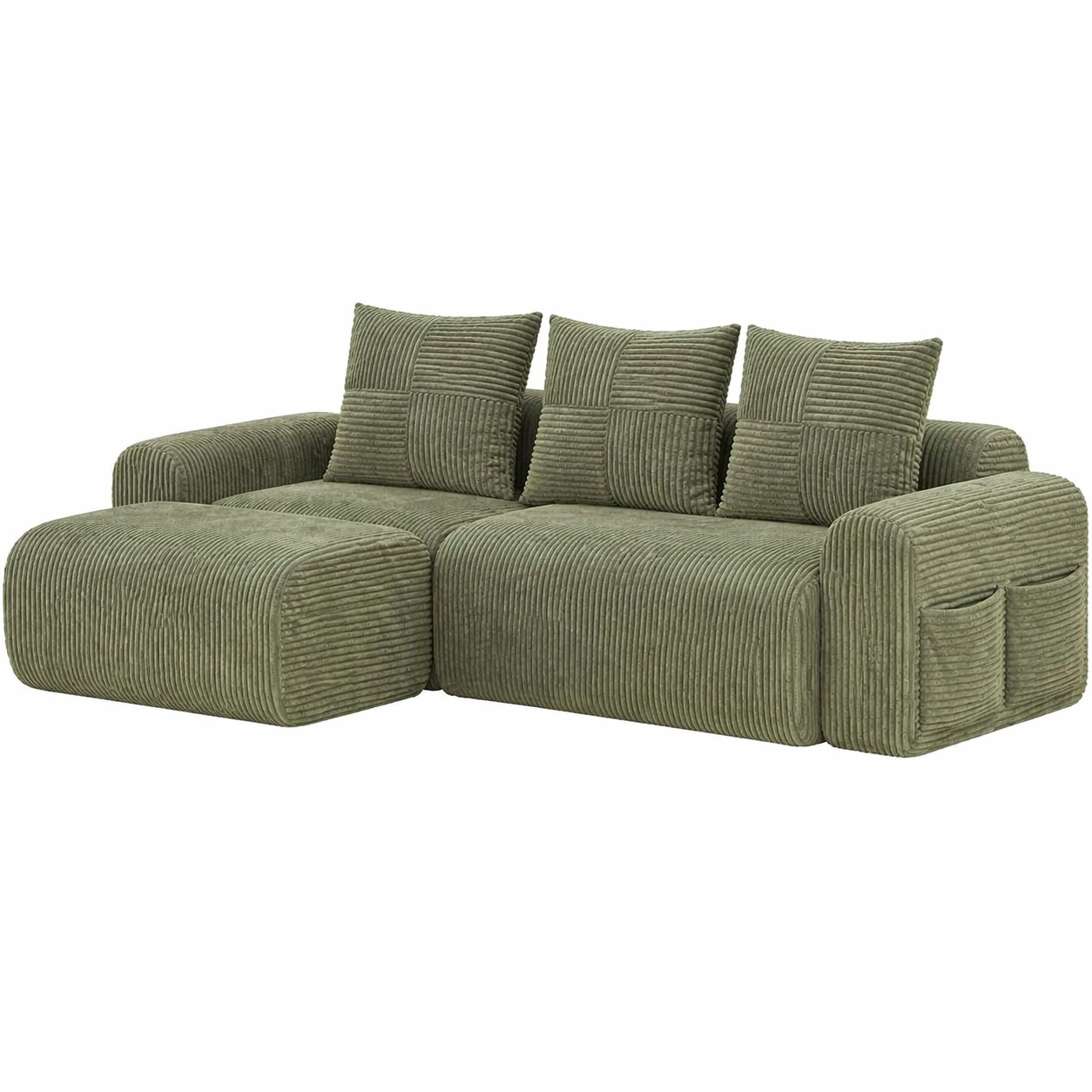 Modulares L Form Sofa 2 Sitzer mit Hocker Cord Stoff Couch mit Stauraum und Getraenkehalter Wohnzimmer Grau-arvnora