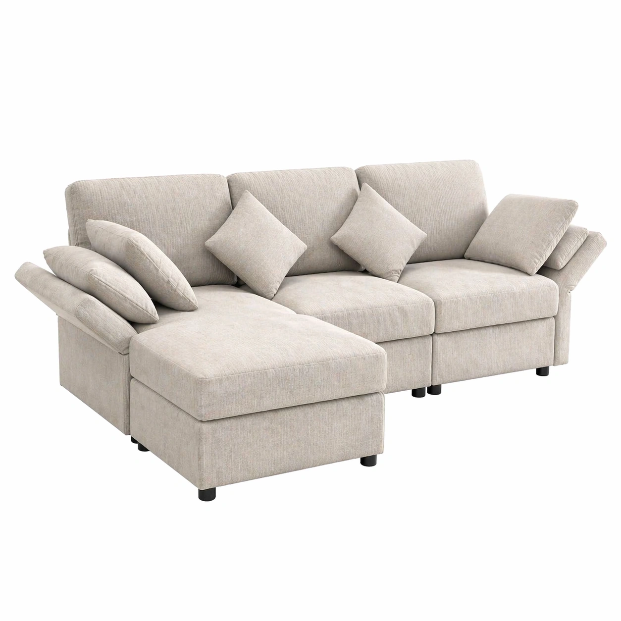 3 Sitzer Schlafsofa L Form mit Ottomane und verstellbaren Armlehnen, 4 Kissen, Chenille Stoff, Modernes Wohnzimmer Sofa Beige-arvnora