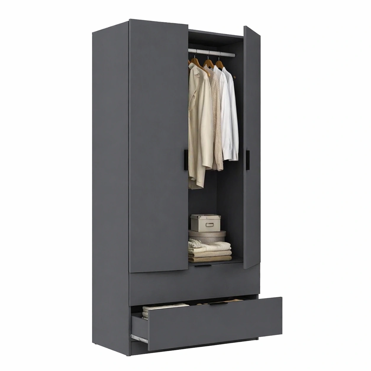 Kleiderschrank 2 Tueren mit Kleiderstange und 2 Schubladen, Moderner Mehrzweck Schrank fuer Schlafzimmer, Dunkelgrau-arvnora
