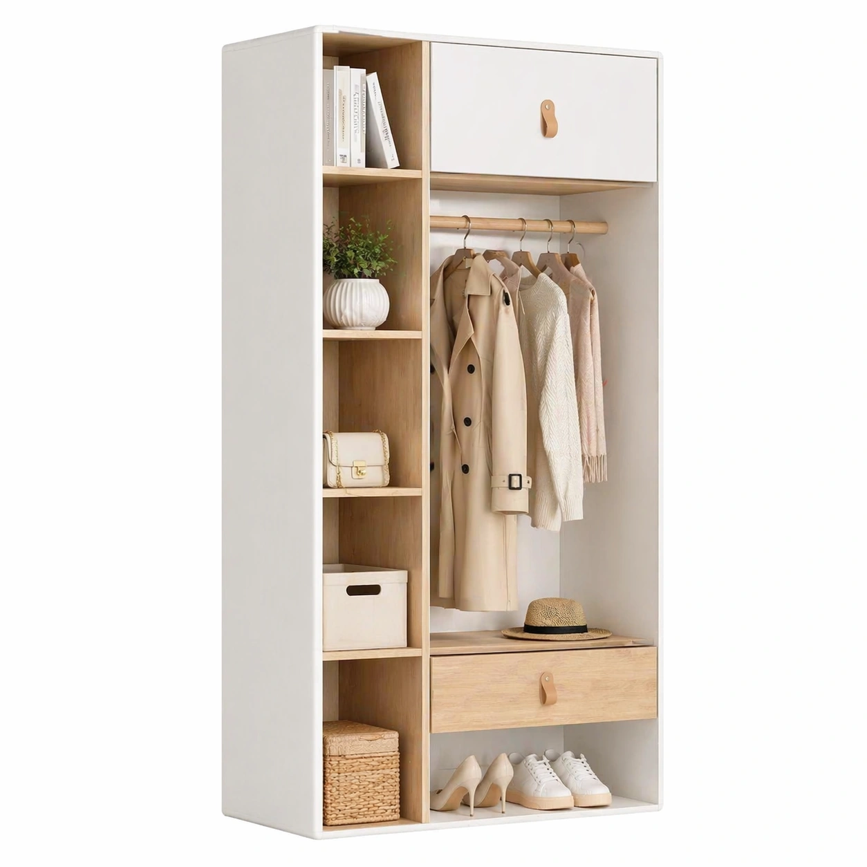 Moderner Kleiderschrank mit Offenen Regalen und Kleiderstange 105 x 40 x 185 cm Weiss Natur Holz-arvnora