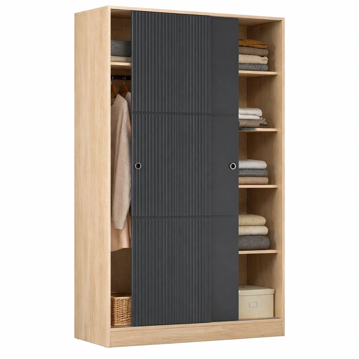 Moderner Kleiderschrank mit Schiebetueren, 2 Tueren, mit Regalen und Kleiderstange, 120 x 50 x 200 cm, Holz Natur / Anthrazit-arvnora