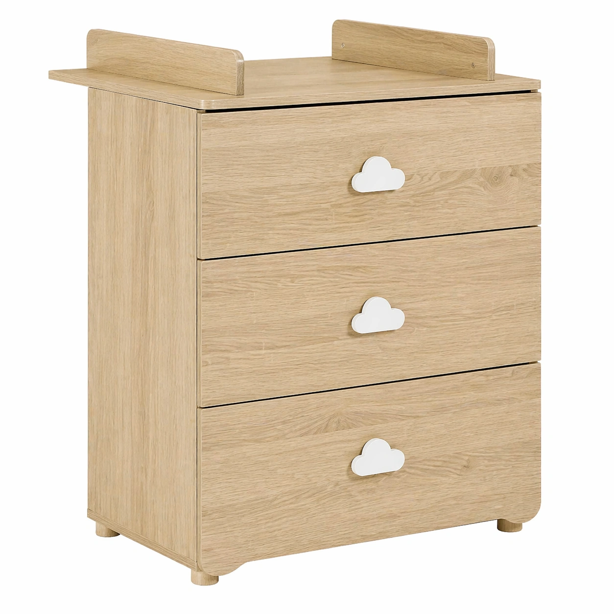 Baby Kommode mit Wickelaufsatz 3 Schubladen, Kinderzimmer Aufbewahrungsschrank mit Wolken Griffen, Holzoptik Hell-arvnora