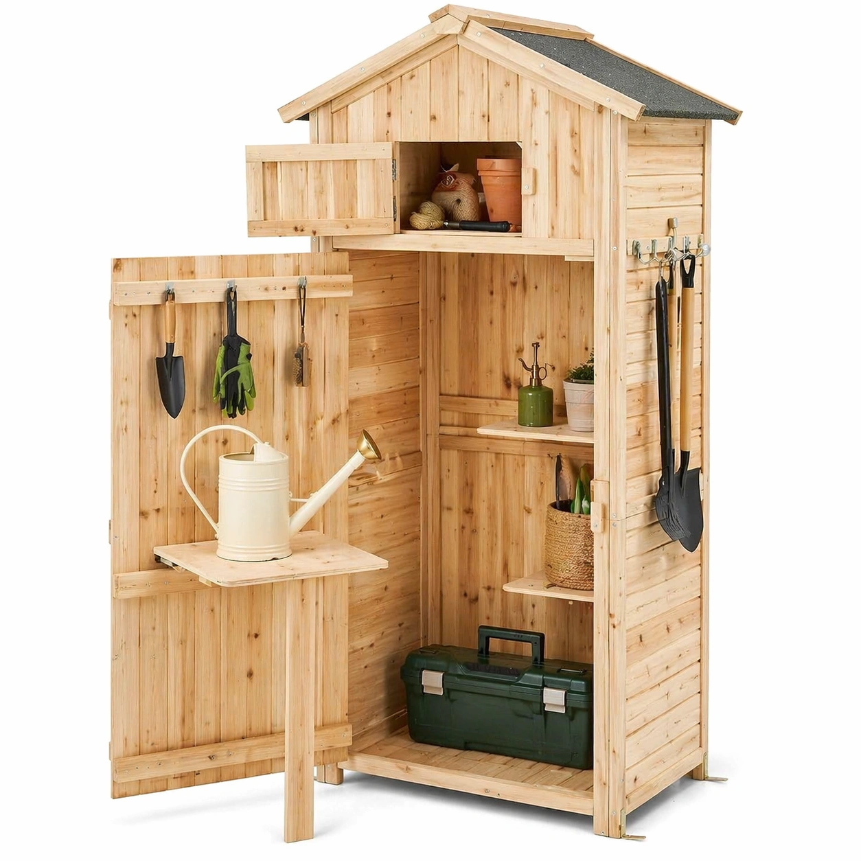 Gartenschrank Holz mit Tueren, Regalen und 8 Haken, Wetterfester Aufbewahrungsschrank mit Satteldach fuer Garten und Terrasse-arvnora