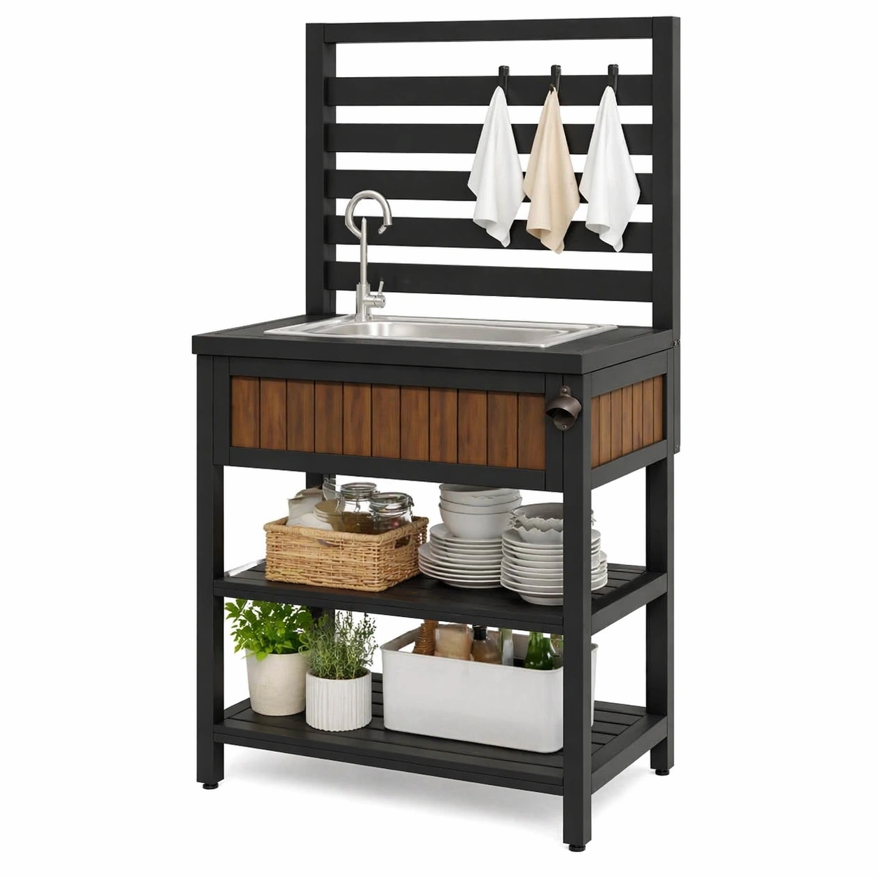 Outdoor Ku?chenstation mit Spu?le und Arbeitsflaeche Holzoptik Schwarz Wetterfest 90 x 50 x 120 cm-arvnora