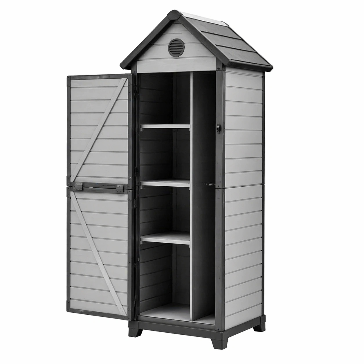Garten Geraeteschrank mit Satteldach und Regalb?den in Grau-arvnora