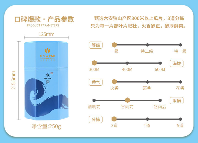 2026徽六牌一级雨前六安瓜片绿茶罐装250g  2026 Hui Liu Brand First Grade Pre-Rain Liu'an Guapian Green Tea, Canned, 250g（8.8oz）