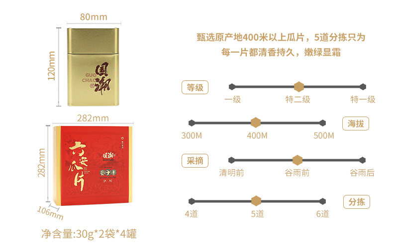 2026徽六牌特二级雨前六安瓜片绿茶礼盒装30g*2*4  2026 Hui Liu Brand First Grade Pre-Rain Liu An Gua Pian Green Tea Gift Box 30g*2*4 （240g 8.4oz）