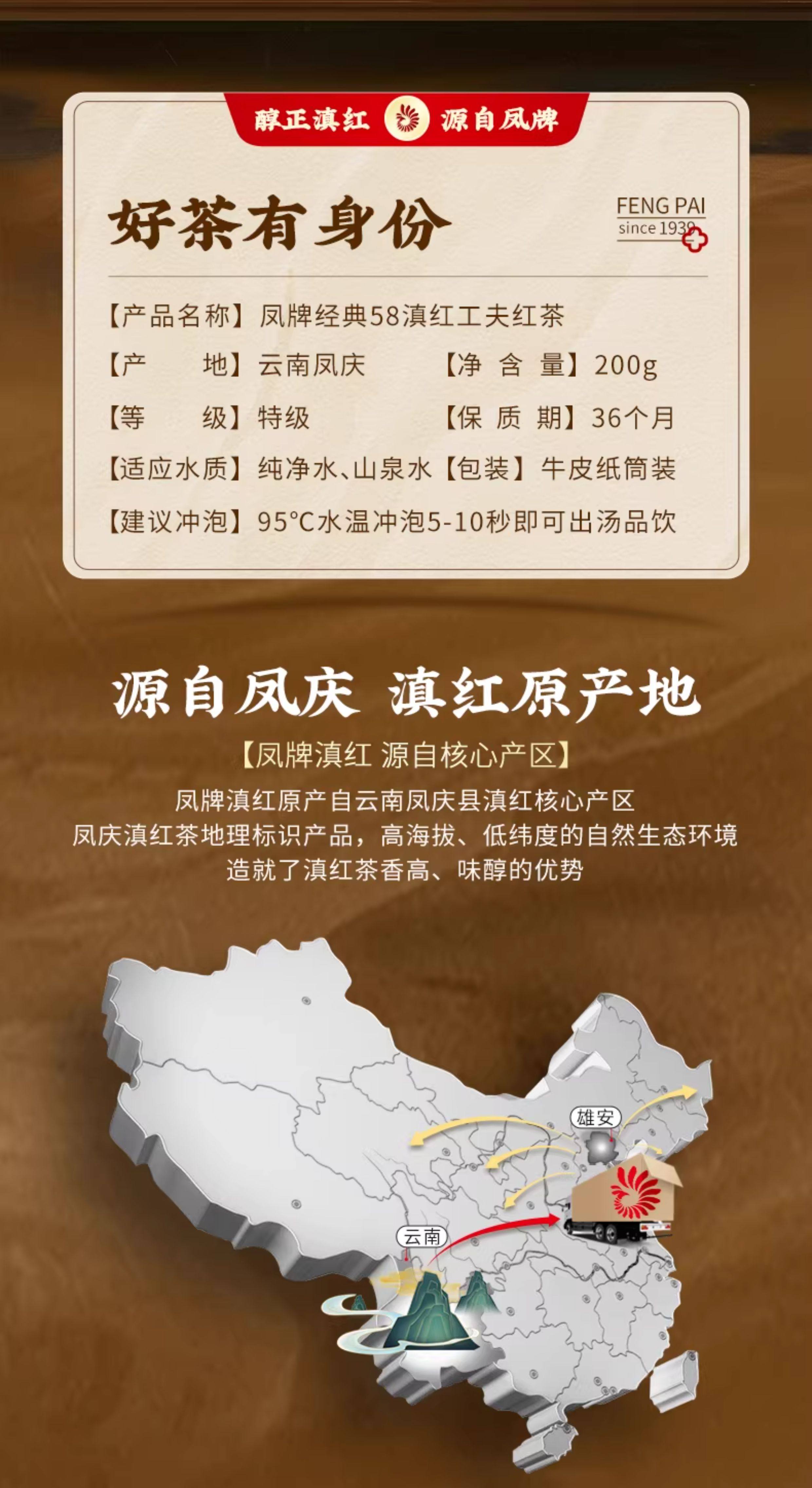 2026凤牌经典58系列云南滇红特级红茶袋装200g  2026 Feng Brand Classic 58 Series Yunnan Dianhong Premium Black Tea Bag 200g（7oz）