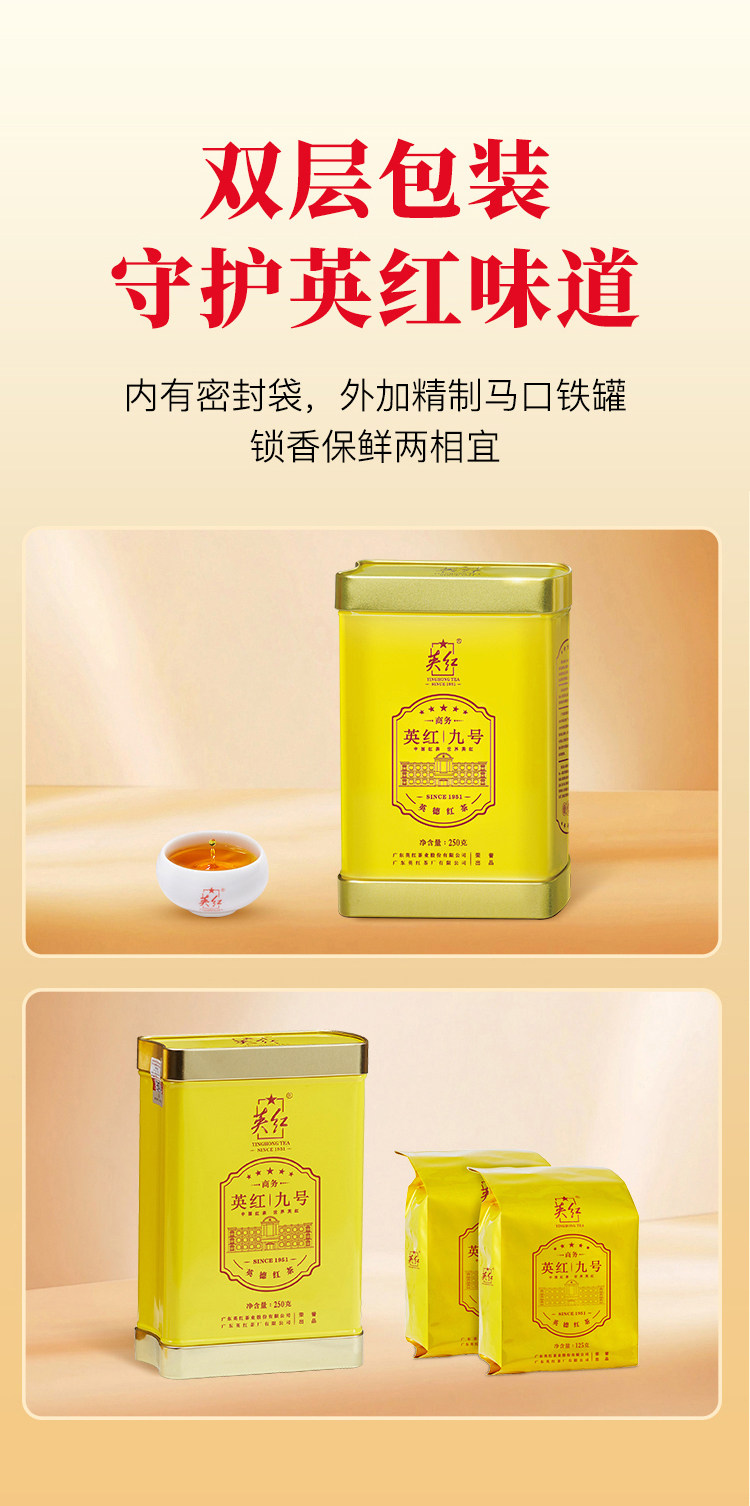 2026英德牌一级英红九号功夫英德红茶罐装250g  2026 Yingde Brand First Grade Yinghong No. 9 Kung Fu Yingde Black Tea, 250g Canned （8.8oz）