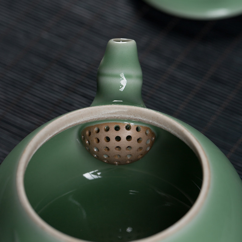 越窑龙泉青瓷仿古釉/朱砂胎粉青/朱砂胎梅子青手工制作茶壶礼盒茶具200ML  Yue Kiln Longquan Celadon Antique-style Glaze / Cinnabar Body Powder Blue / Cinnabar Body Plum Blue Handmade Teapot Gift Box Tea Set 200ML