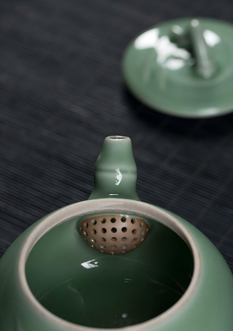 越窑龙泉青瓷仿古釉/朱砂胎粉青/朱砂胎梅子青手工制作茶壶礼盒茶具200ML  Yue Kiln Longquan Celadon Antique-style Glaze / Cinnabar Body Powder Blue / Cinnabar Body Plum Blue Handmade Teapot Gift Box Tea Set 200ML
