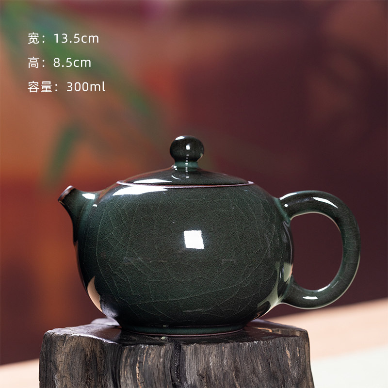 龙泉青瓷铁胎梅子青手工制作西施茶壶礼盒茶具300ML  Longquan celadon iron-body plum green handmade Xishi teapot gift box tea set 300ML