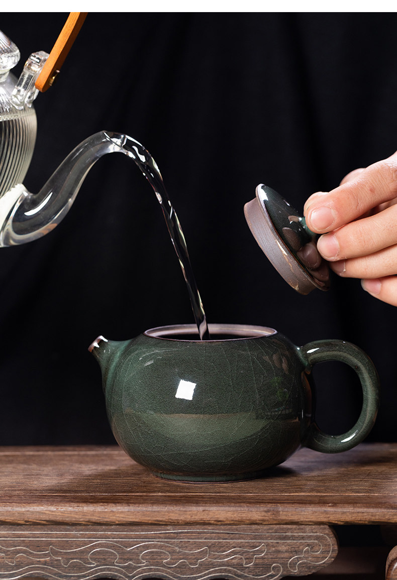 龙泉青瓷铁胎梅子青手工制作西施茶壶礼盒茶具300ML  Longquan celadon iron-body plum green handmade Xishi teapot gift box tea set 300ML