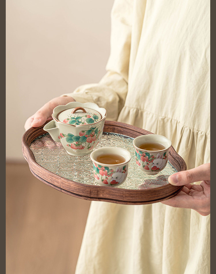 手绘草莓兔系列可爱汝窑一壶两杯托盘礼盒茶具 Hand-painted Strawberry Bunny Series Cute Ru Kiln Teapot with Two Cups and Tray Gift Box Tea Set