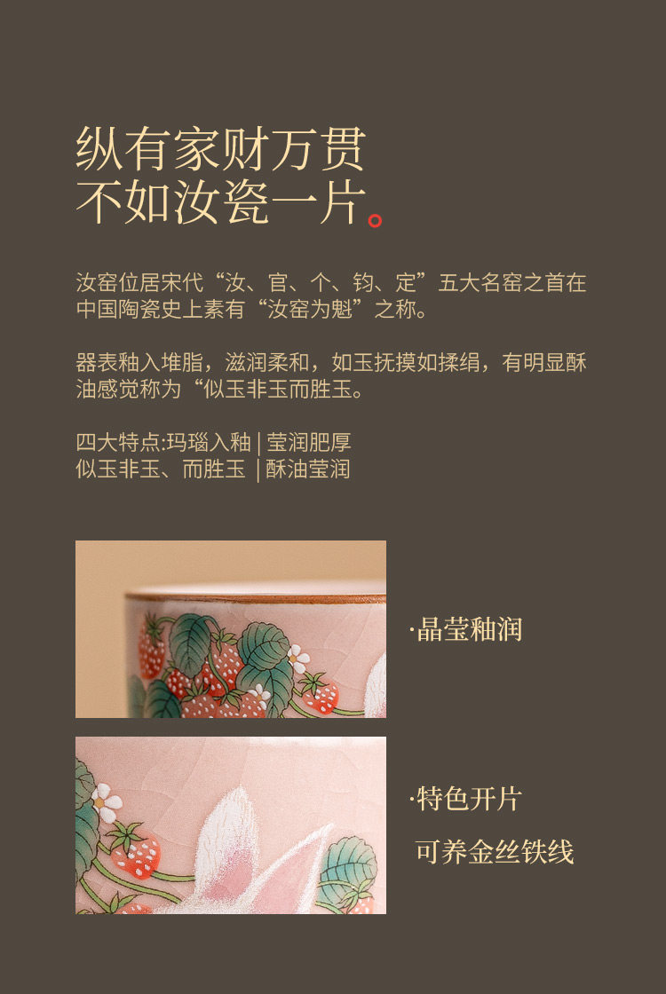 手绘草莓兔系列汝窑三足香炉香插礼盒茶具 Hand-painted Strawberry Bunny Series Ru Kiln Three-legged Incense Burner and Holder Gift Box Tea Set