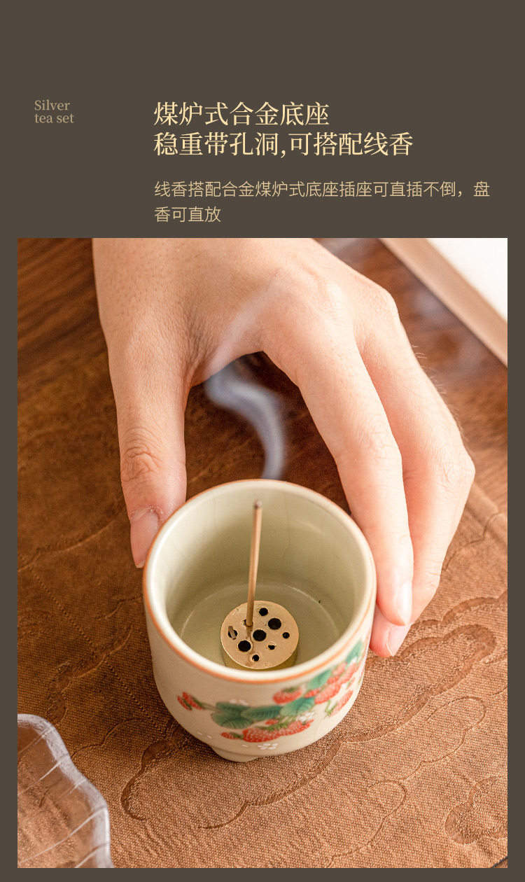 手绘草莓兔系列汝窑三足香炉香插礼盒茶具 Hand-painted Strawberry Bunny Series Ru Kiln Three-legged Incense Burner and Holder Gift Box Tea Set