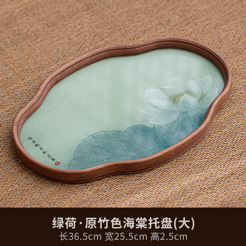 绿荷花海棠大玻璃茶盘托盘防水干泡台 Green Lotus and Begonia Large Glass Tea Tray Waterproof Dry Brew Table