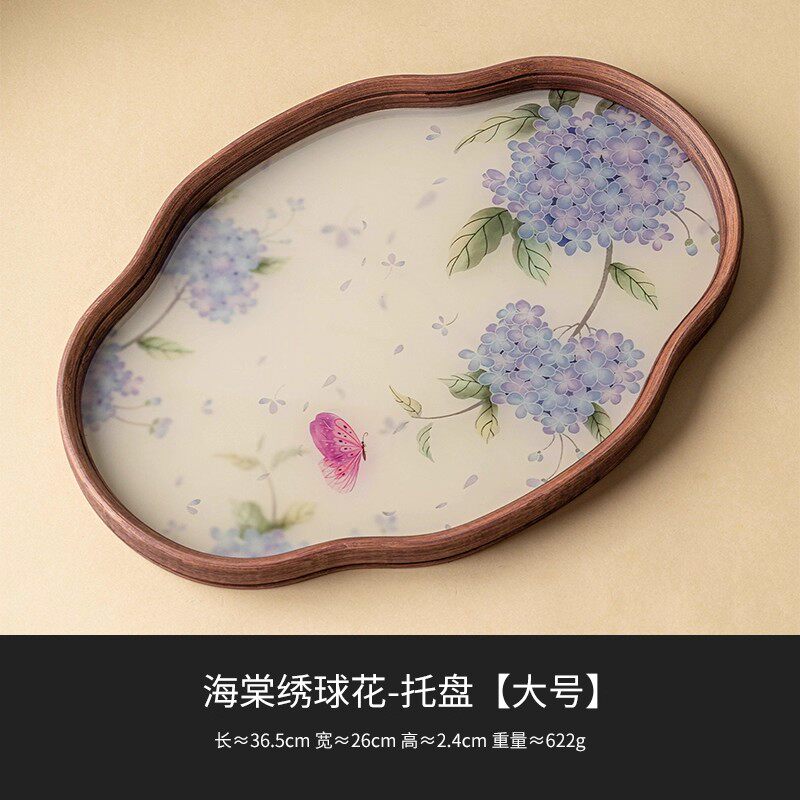 绣球花海棠大玻璃茶盘托盘防水干泡台 Hydrangea Begonia Large Glass Tea Tray Waterproof Dry Brew Stand
