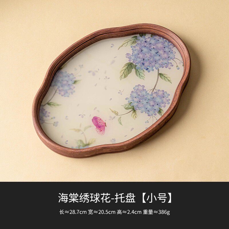 绣球花海棠小玻璃茶盘托盘防水干泡台 Hydrangea and Begonia Small Glass Tea Tray, Waterproof, for Dry Brewing