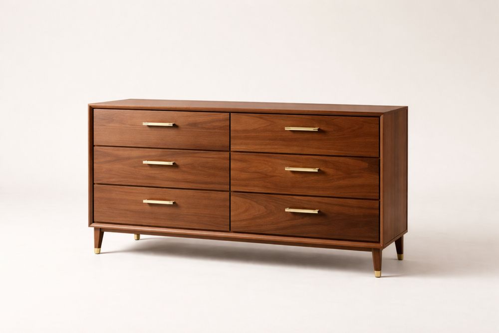 Solid Walnut Wood 6-Drawer Cabinet with Brass Handles 140cm x 45cm x 75cm(L × W × H)