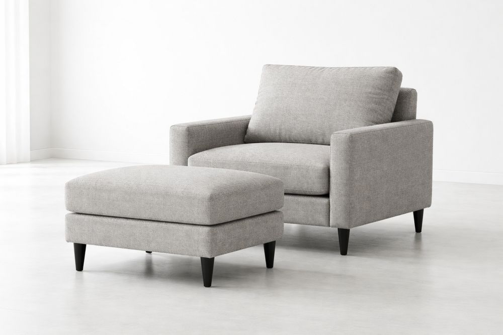 Gray Polyester Fabric Lounge Chair and Ottoman Set with Solid Wood Legs