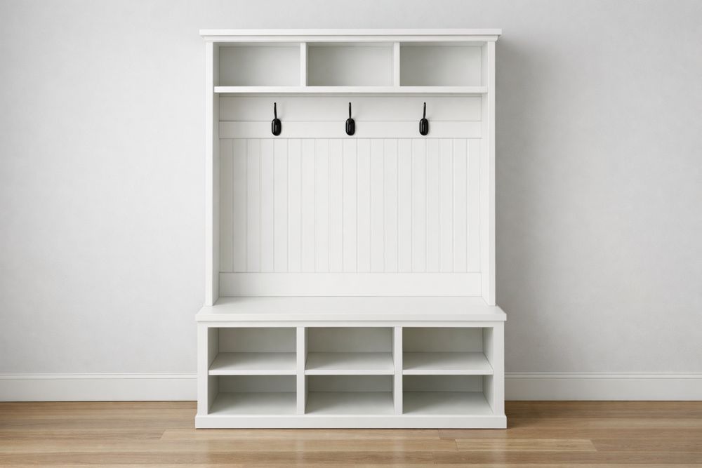 White Hall Tree with Storage Bench and Steel Hooks