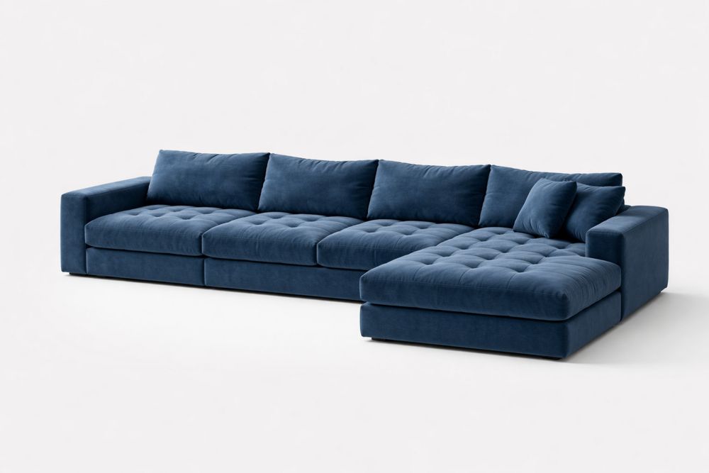 Velvet Upholstery L-Shaped Sectional Sofa with Chaise in Deep Blue