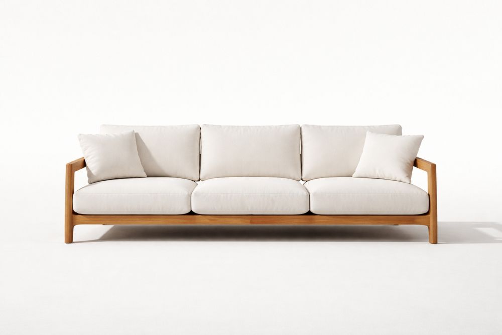 Solid Wood Frame Long Sofa with Ivory Fabric Cushions