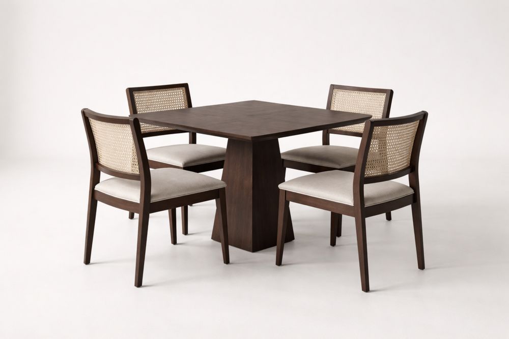 Solid Wood Dining Table Set with Cane Back Chairs Brown 4 Seater