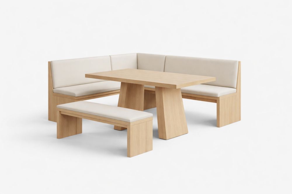 Oak Wood Dining Set with Bench and Table in Beige Faux Leather