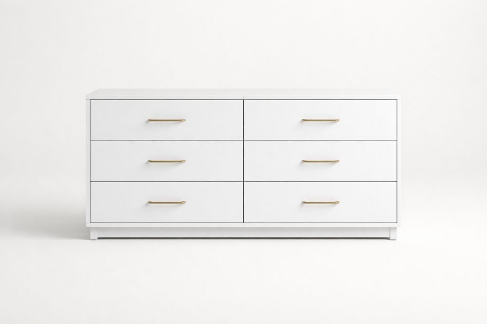 White Six-Drawer Dresser with Gold Steel Handles