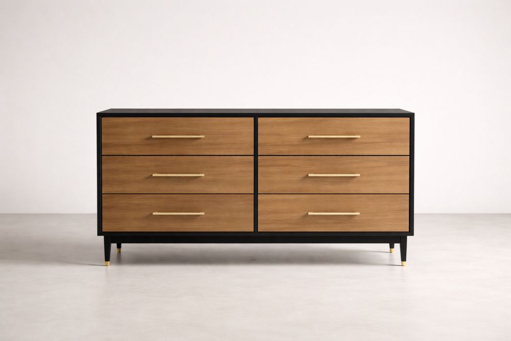 Solid Oak Wood and Steel Dresser 6-Drawer Chest Oak/Black 163x46x81 cm(L × W × H)