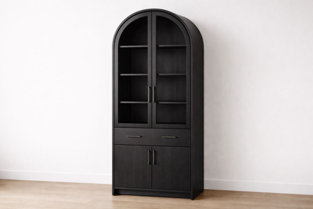 Black Arched Wood Cabinet with Tempered Glass Doors