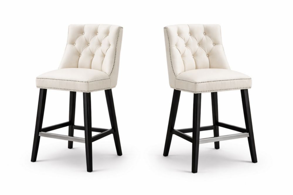 Set of 2 Cream Faux Leather Tufted Counter Stools with Black Solid Wood Legs