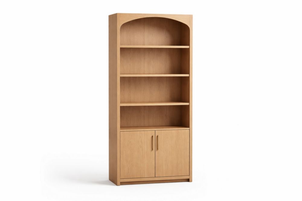 Oak Wood Tall Bookshelf with Doors Natural Finish