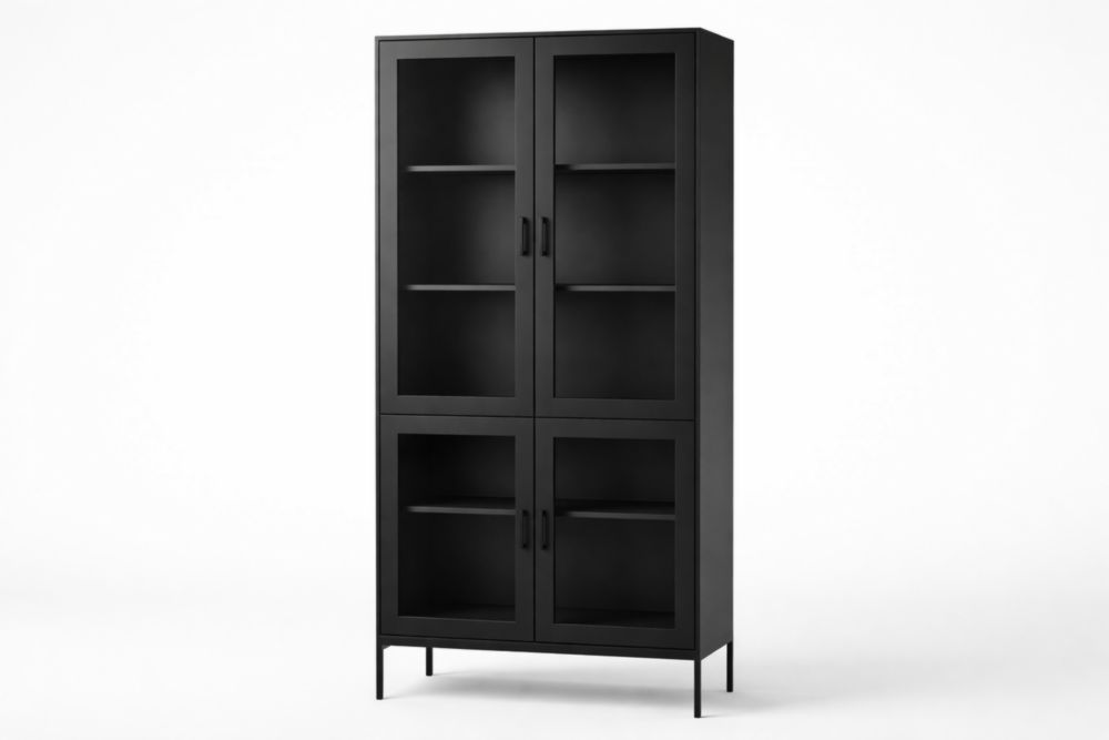 Black Steel Glass Cabinet with Four Doors
