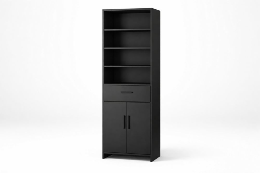 Black Solid Wood Bookshelf with Shelves and Drawer