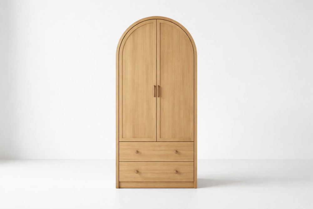 Solid Oak Arched Wardrobe with Two Drawers
